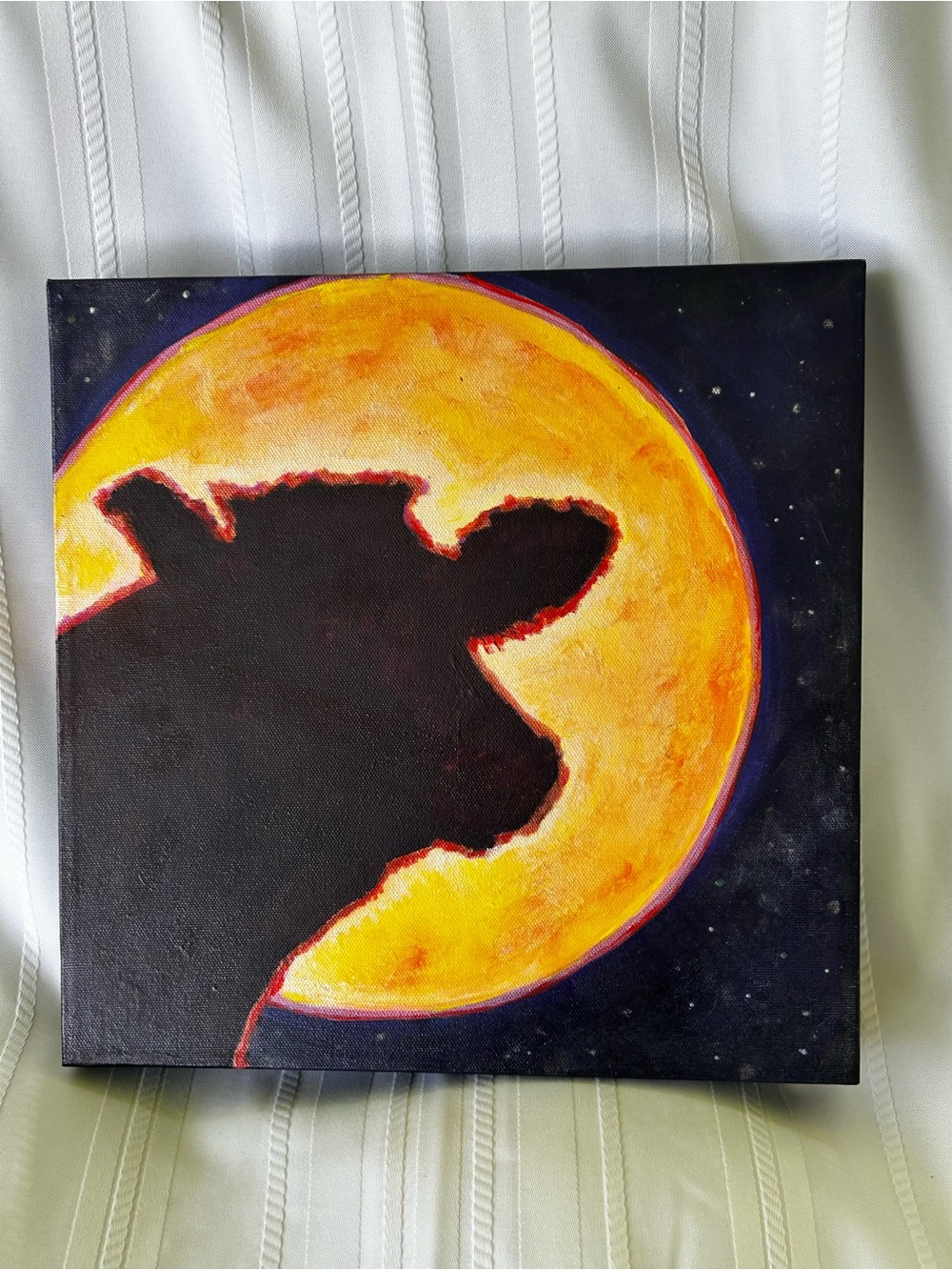 Vintage Canvas Wall Art How-Now-Star Cow Moon Painting Signed Yellow Western